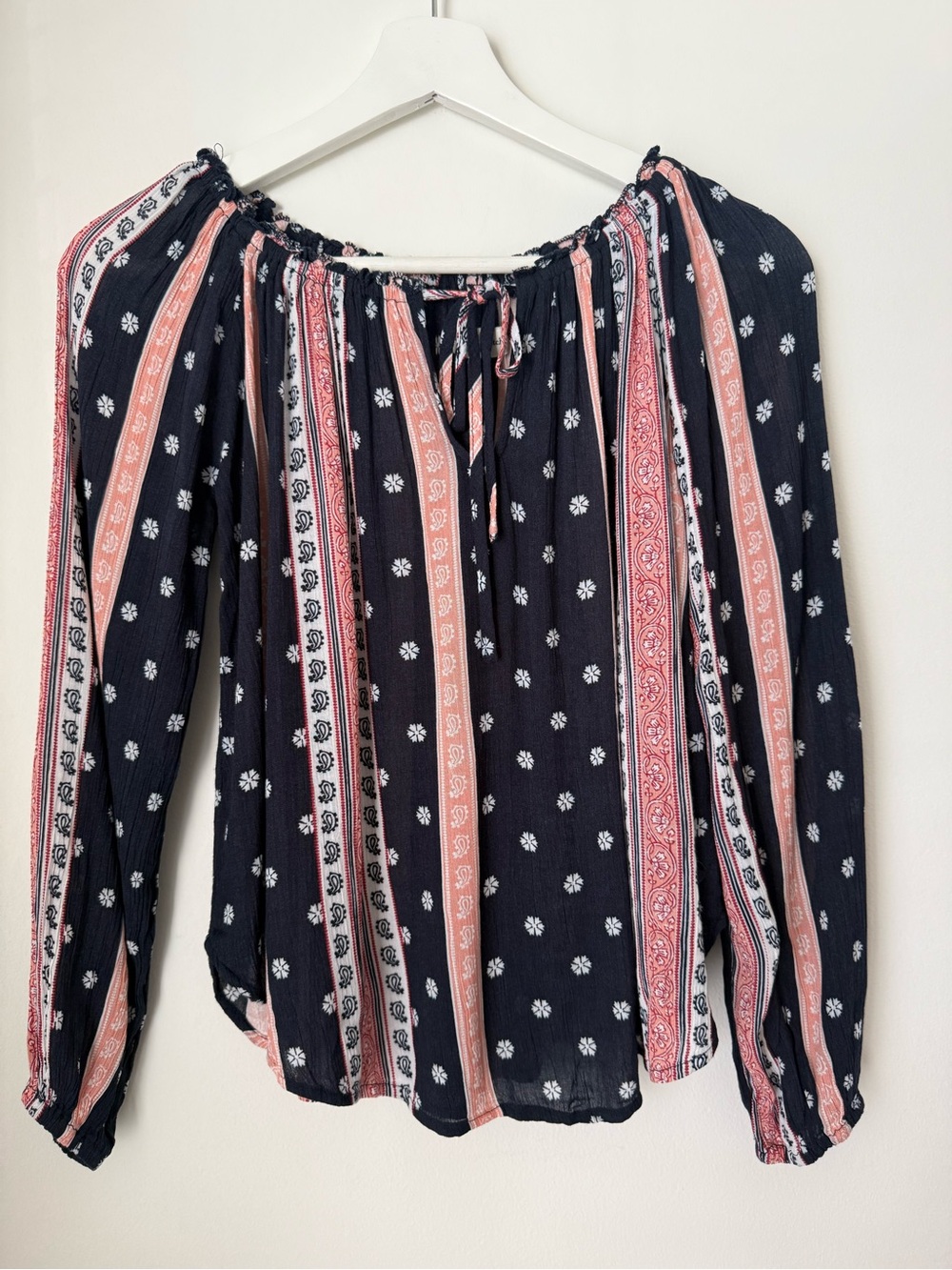 Abercrombie & Fitch Boho Tie Neck Top Navy Blue XS NEW